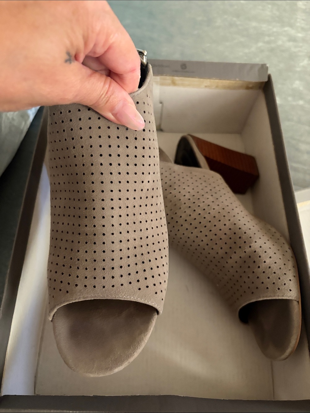 Adam Tucker Taupe Perforated Peep-Toe Ankle Booties